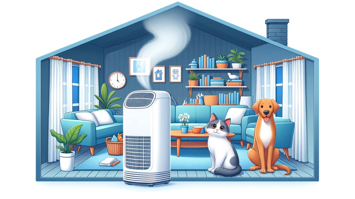 This image portrays the idea of keeping the air clean in areas where pets spend most of their time, highlighting the effectiveness of air purifiers in reducing pet dander and odors in a household setting.