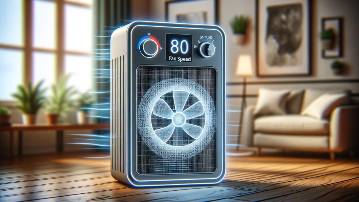 The image shows a close-up of an air purifier's control panel, with buttons or a dial to adjust the fan speed.
