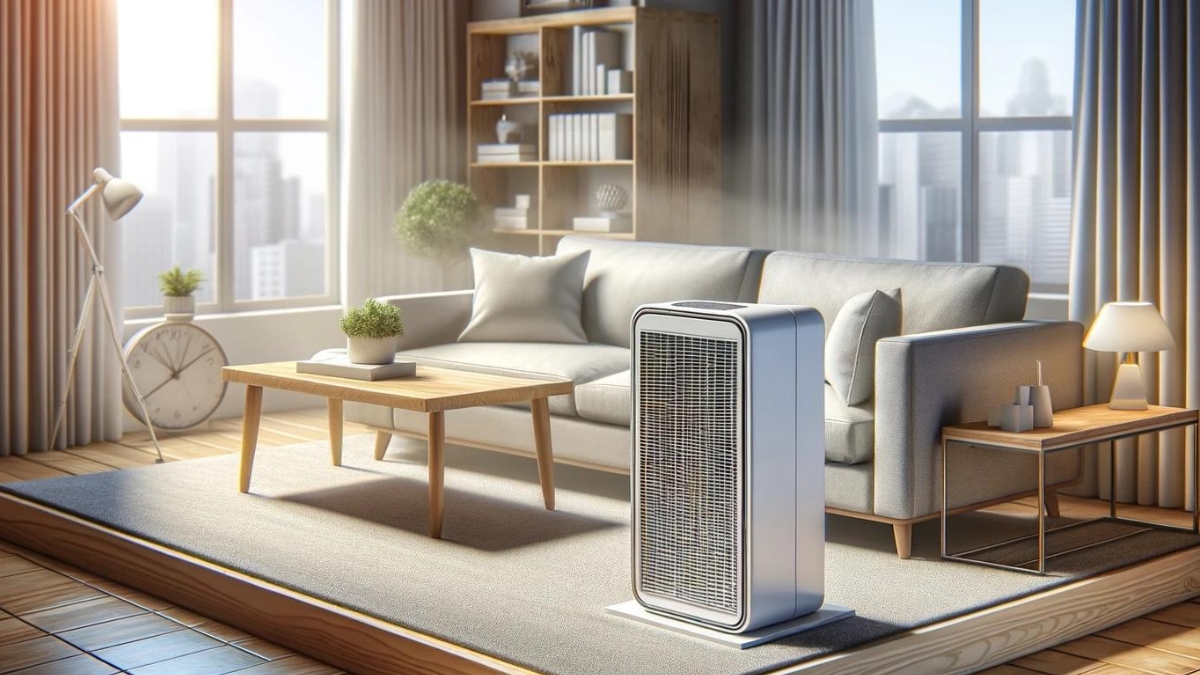 A visually detailed image of a room with a modern air purifier positioned correctly. 