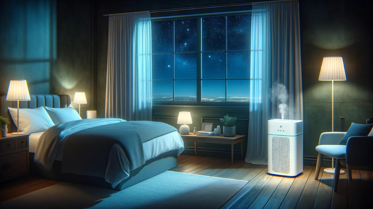 An air purifier is shown operating quietly, suggesting its use to create a healthier sleeping environment.