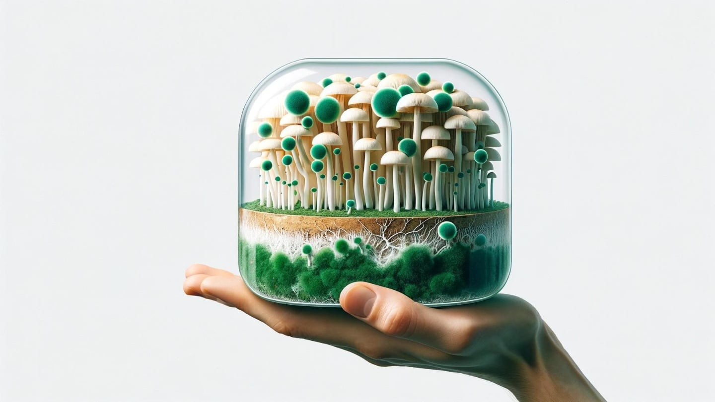 Image showcasing a healthy mushroom cultivation environment contrasted with a small, contained area of green mold, symbolizing the challenge and solution.
