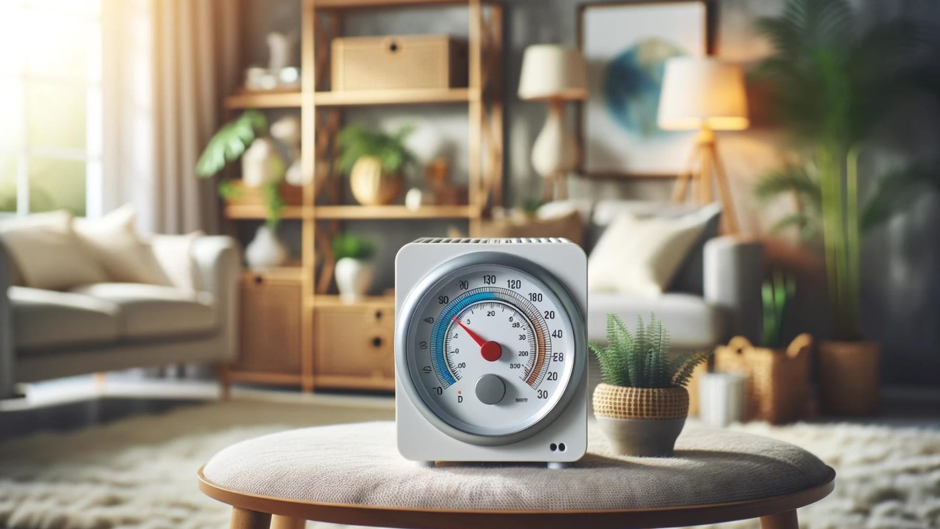 A cozy, home interior setting with a hygrometer prominently displayed, showing a balanced humidity level.