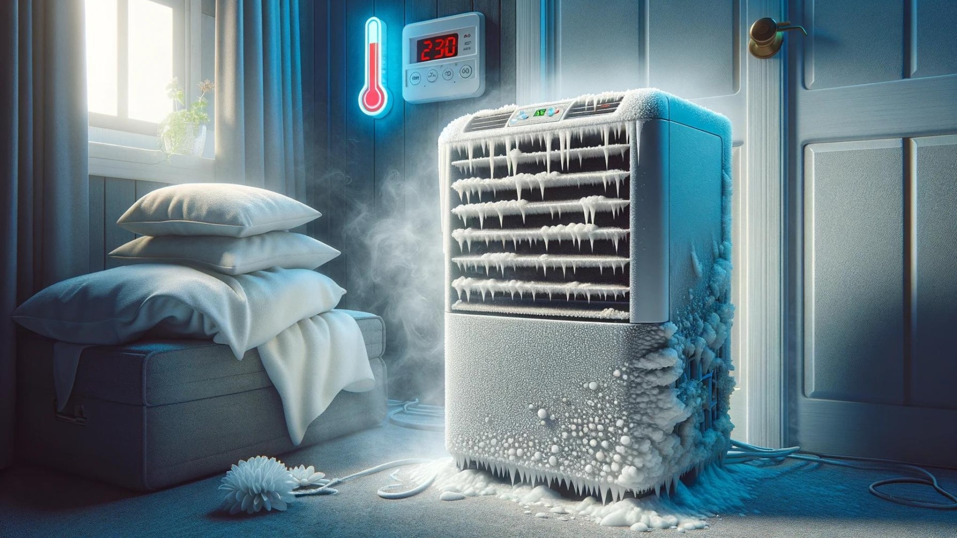An image showcasing a dehumidifier with visible frost and ice buildup